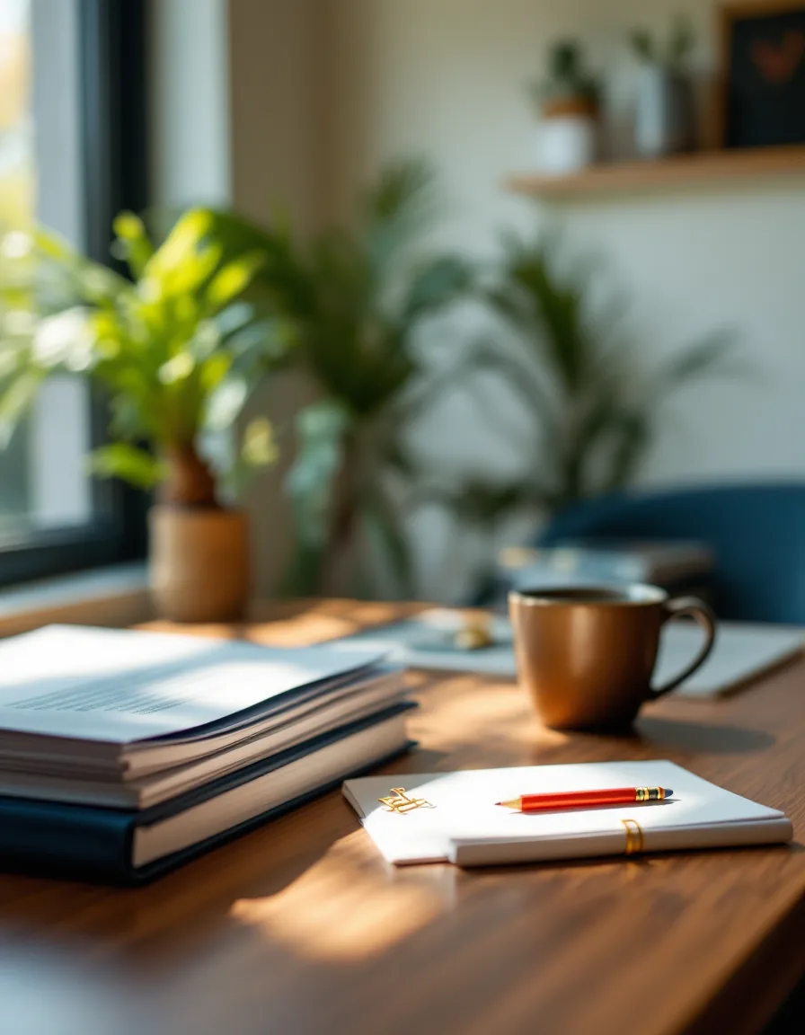A desk in the Sunrise office with a stacked proposal, navy binder and red pencil