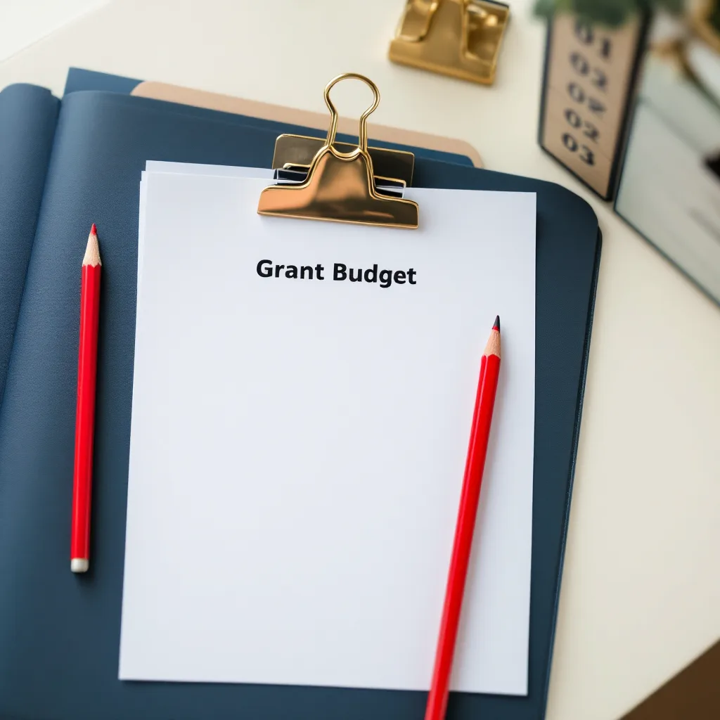 A line-item budget with a red pencil tick beside a navy folder with numbered tabs