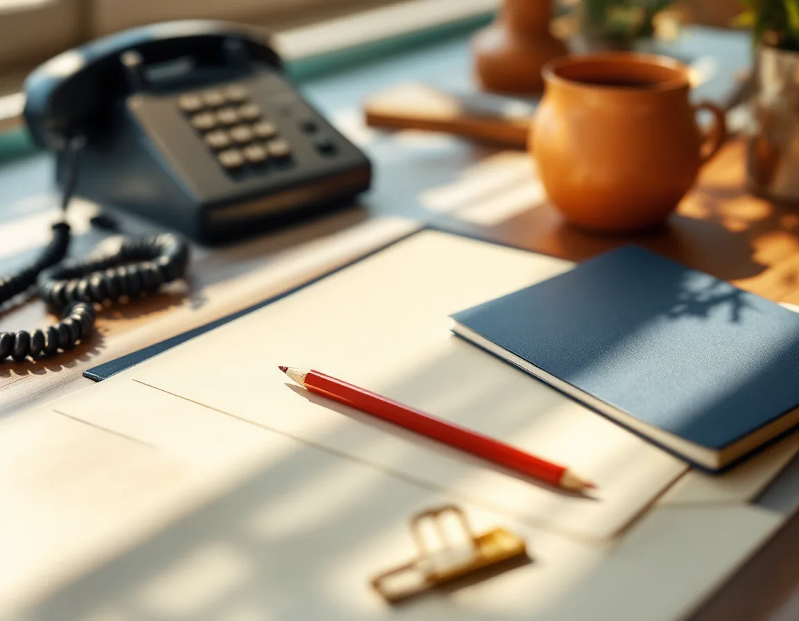 A desk with a telephone, navy folder with index tabs, brass clip and red pencil