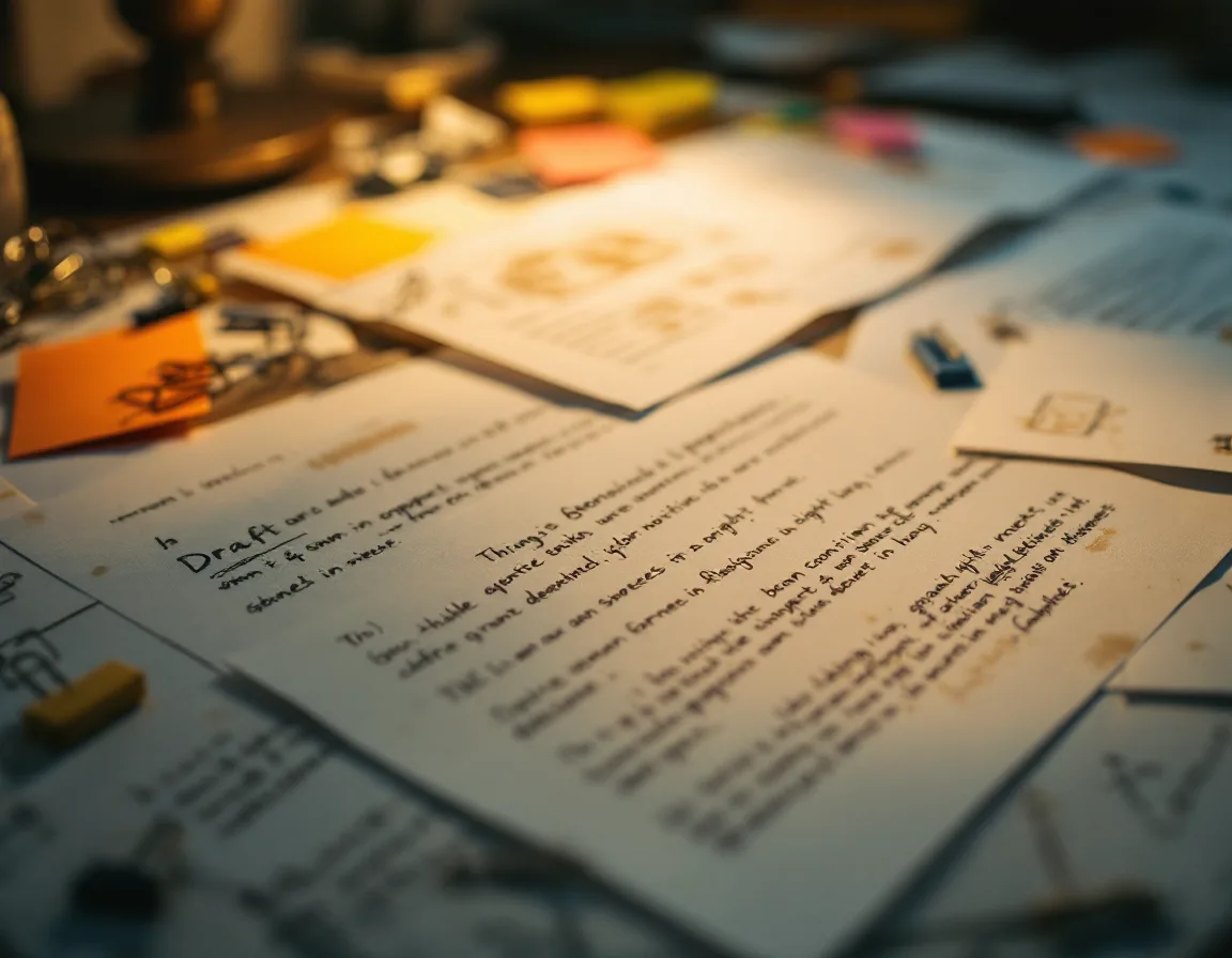 A cluttered desk covered in marked-up draft proposal pages and sticky notes