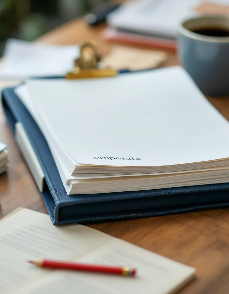 A desk with a stacked grant proposal, brass clip, navy binder with index tabs and a red pencil