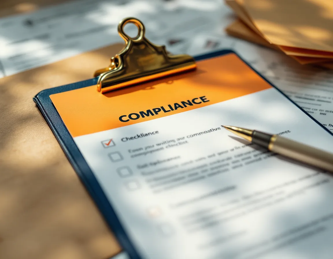 A ticked compliance checklist on a clipboard with signed forms and a sealed envelope
