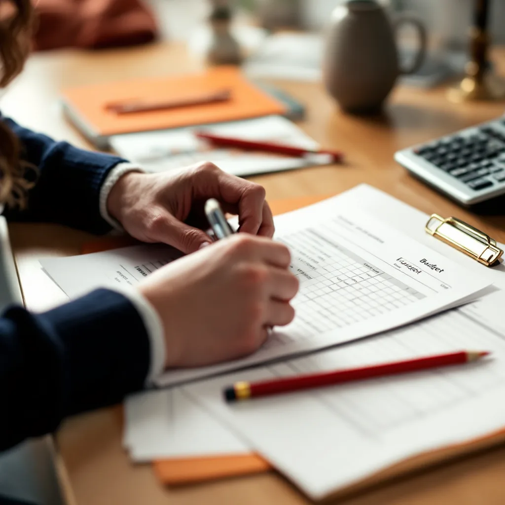 Hands typing a narrative beside a printed line-item budget and calculator