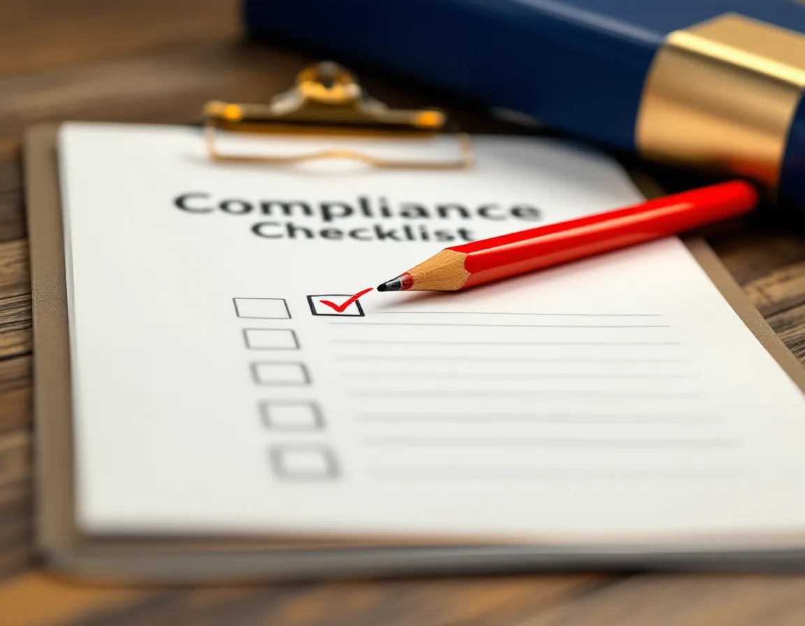 A ticked compliance checklist on a clipboard beside a navy binder