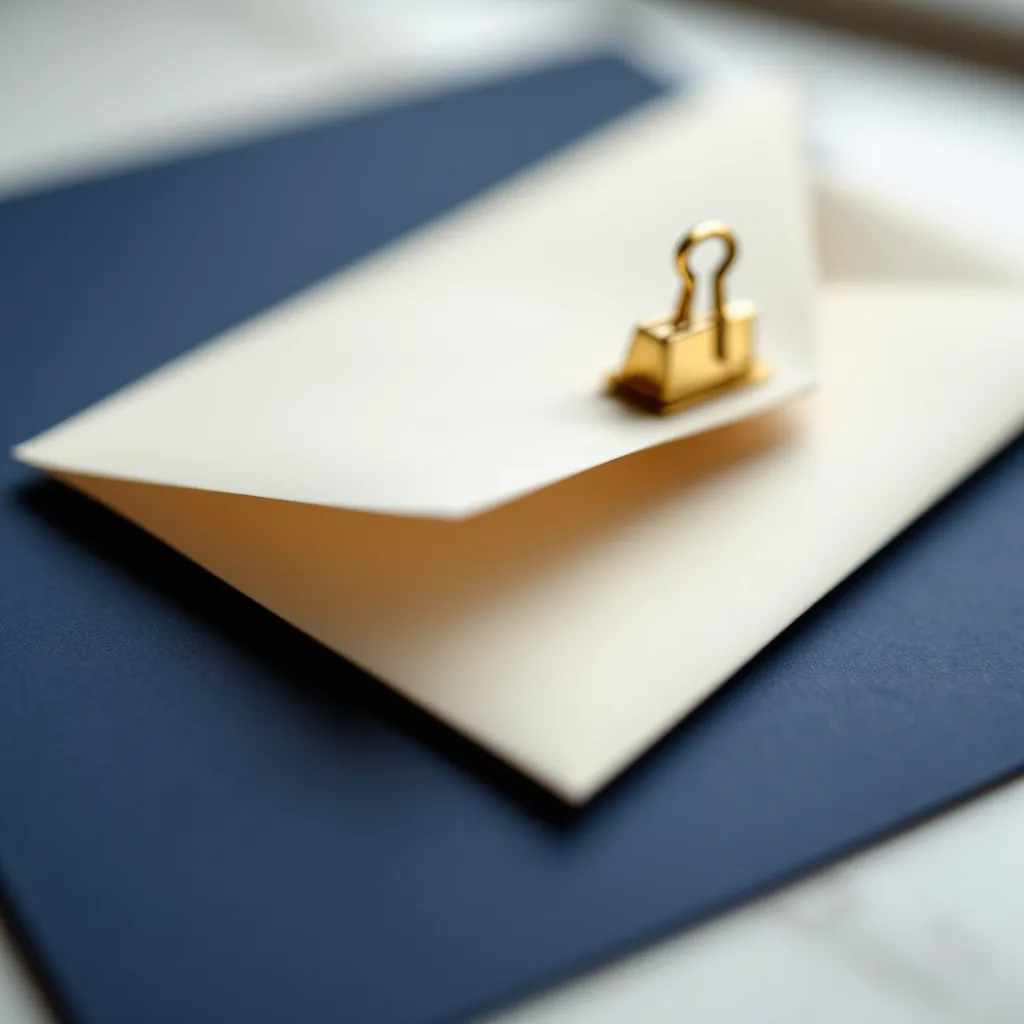 A sealed envelope, brass clip and pen on a navy blotter